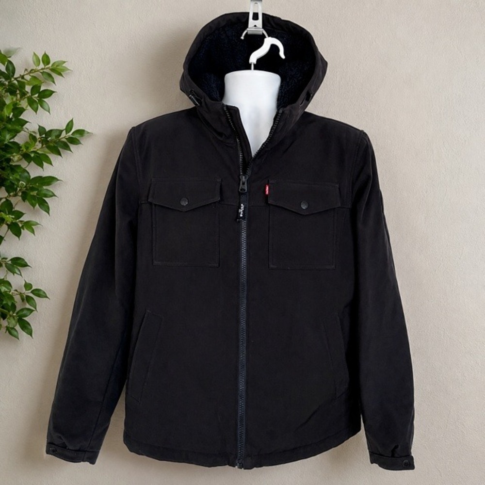 Levi's Mens M Black Sherpa Lined Hooded Softshell Jacket Full Zip Workwear